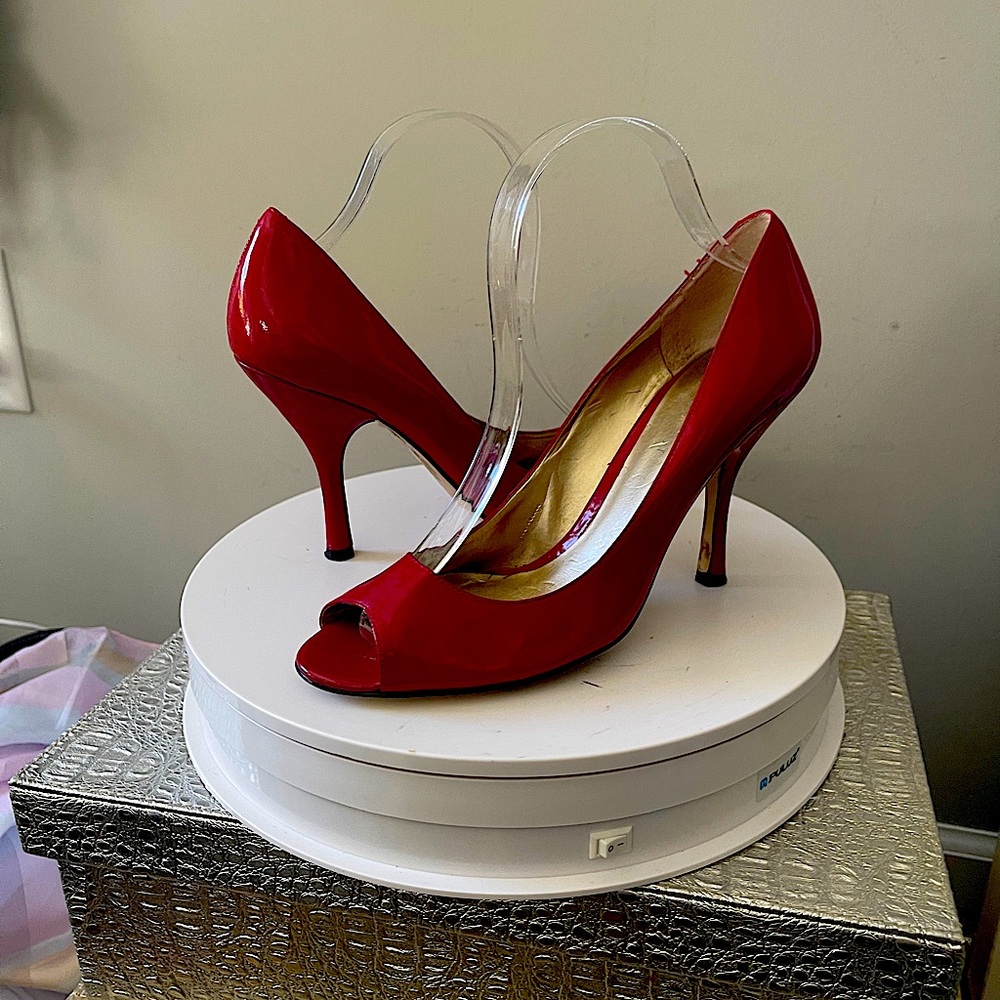 Nine West Patent Leather Open Toe Pumps, Lipstick Red, Size 7.5